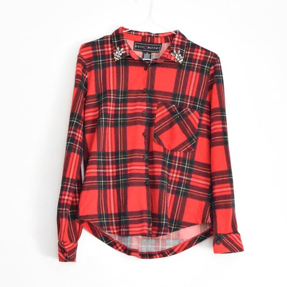 POLLY & ESTHER Red Plaid Button Up Crop Top with Jeweled Collar | Size XS - Picture 1 of 9